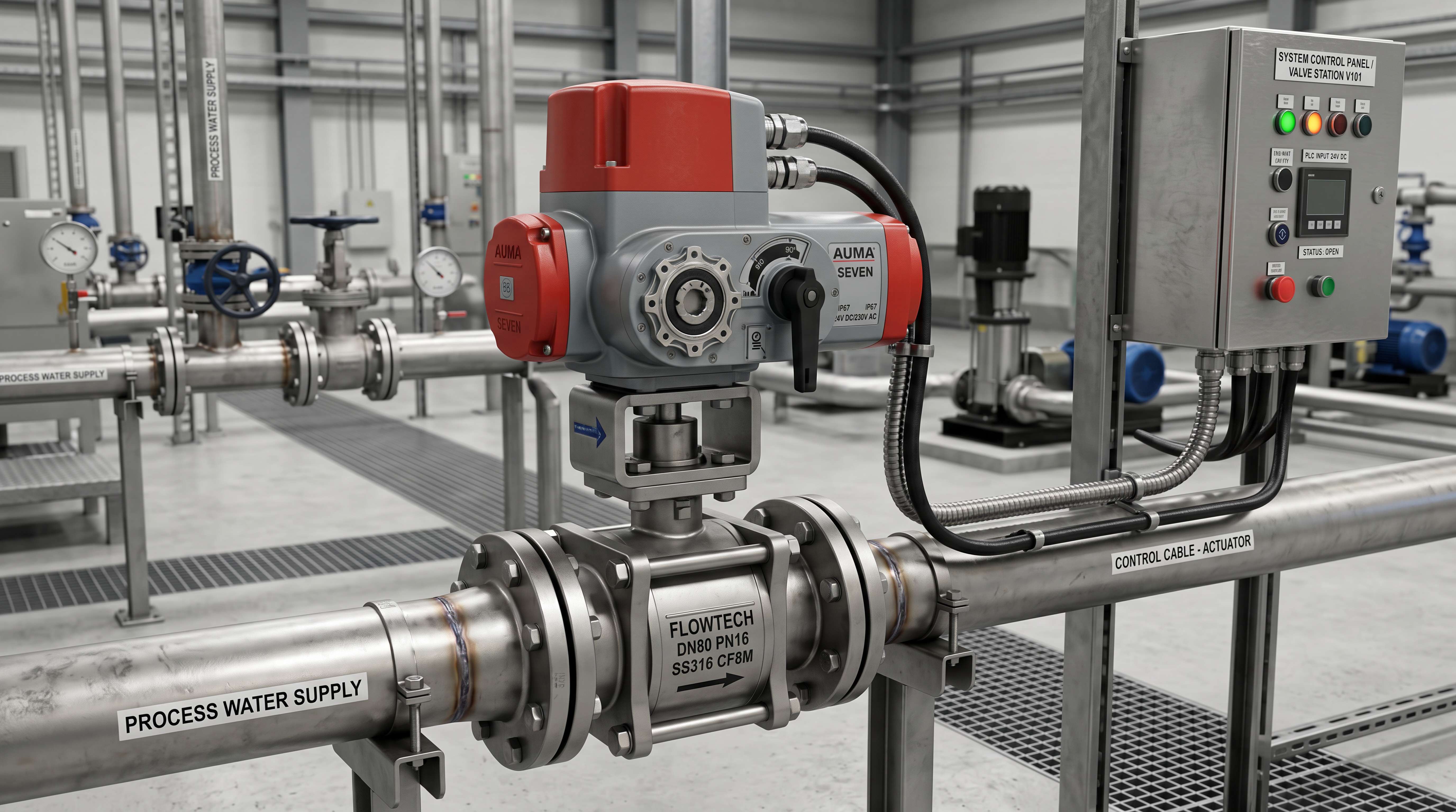 Electric actuated ball valve connected to a control panel on a stainless steel process water pipeline